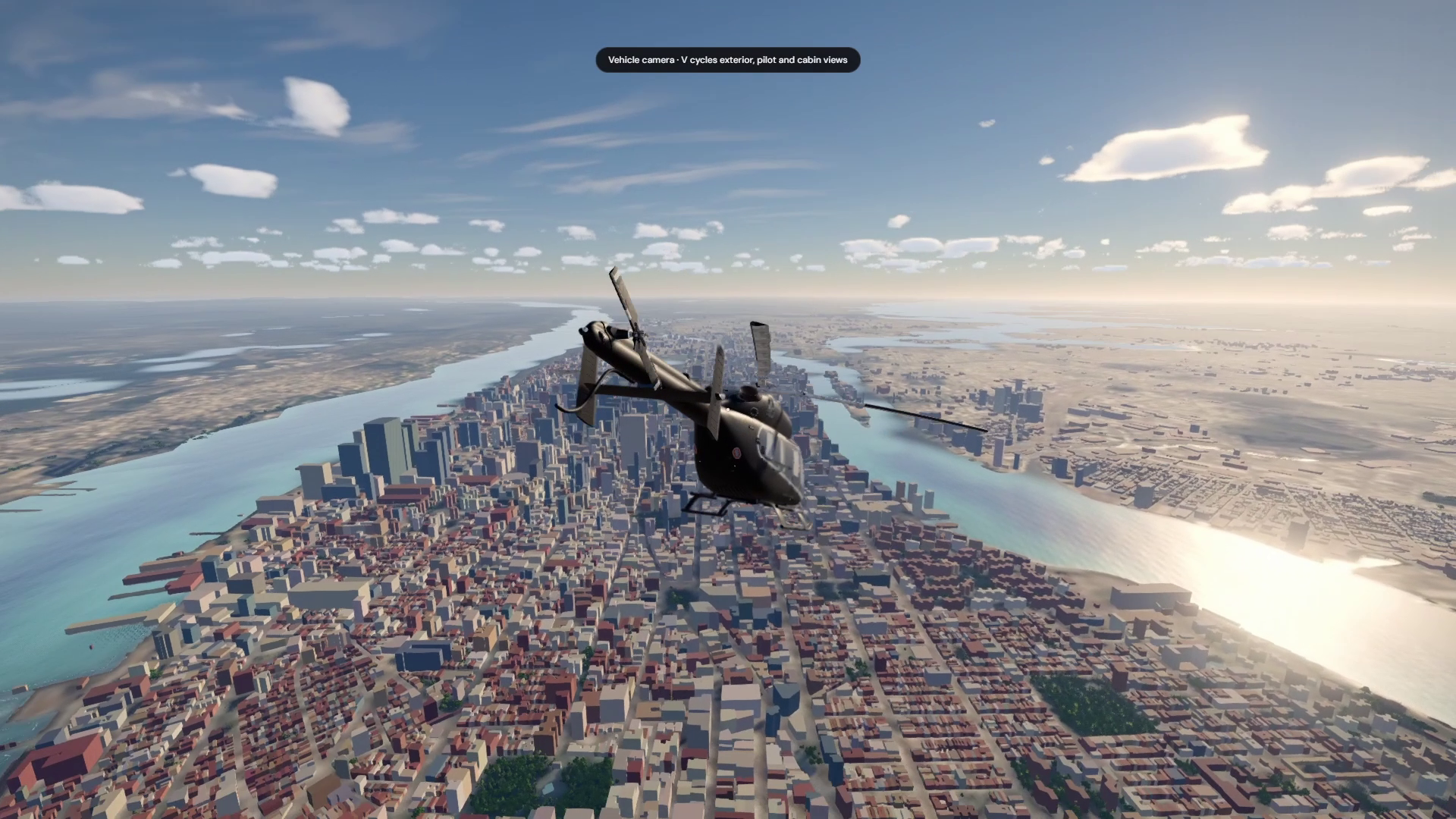 A helicopter flying over a city and waterways in Metaplanets Flight Sim.