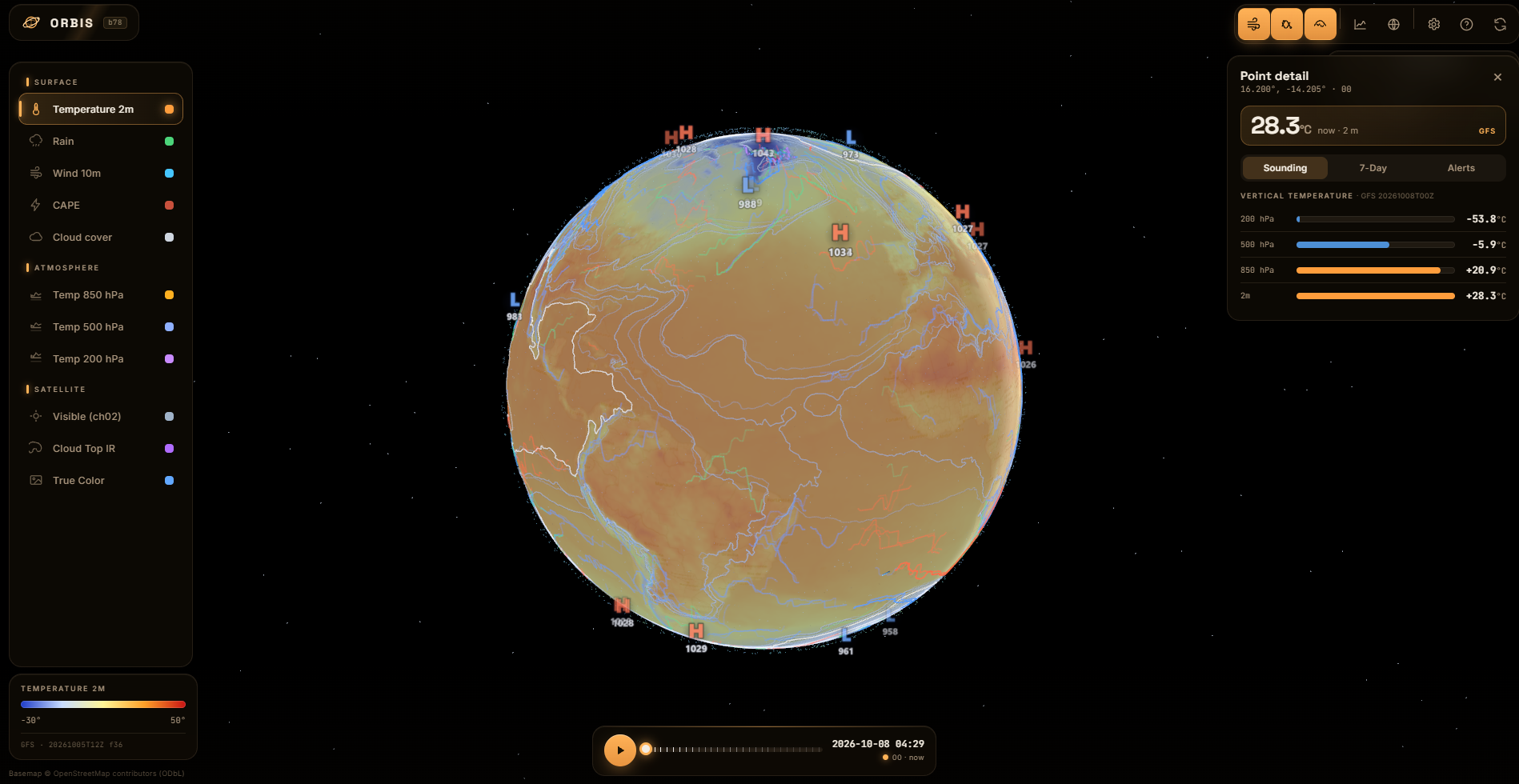 Orbis weather globe with temperature, atmospheric layers, and a point forecast.